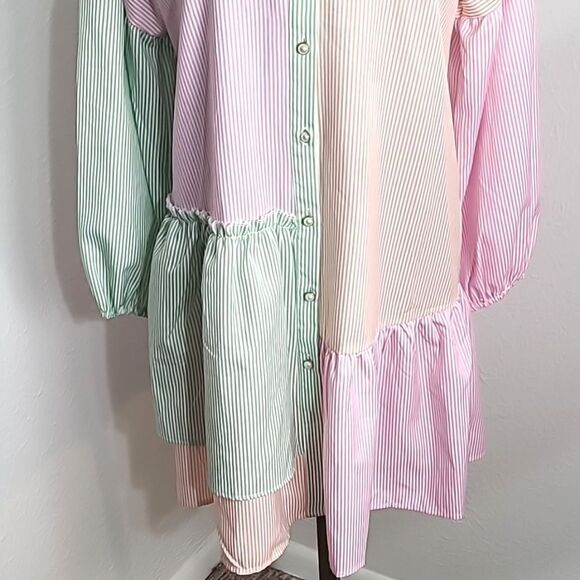 Simplee Lantern Sleeve Colorblock Pinstripe Shirt Dress, Size Medium, NWT - Picture 5 of 11
